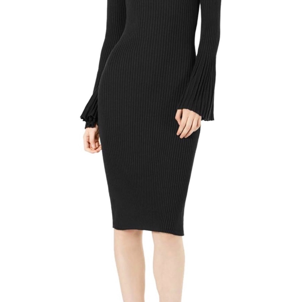 Chic Black Long Sleeve Ribbed Dress Bell Sleeve